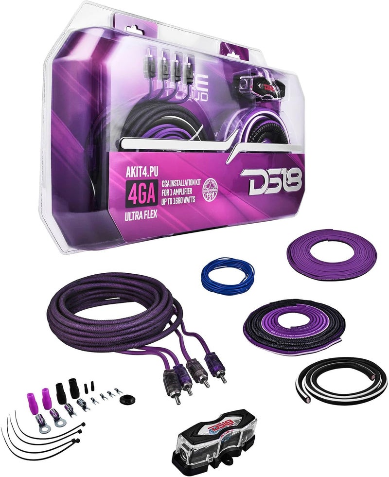 DS18 AKIT4.PU 4-GA Amplifier Installation Kit Up to 1680 Watts RMS, Mini-ANL Fuse Holder, Speaker & RCA Cables, CCA Amplifier Wiring Kit, Ultra Flex Wire, Amp Wire Kit, Amp Wiring Kit 4 Gauge - Purple - Image 1